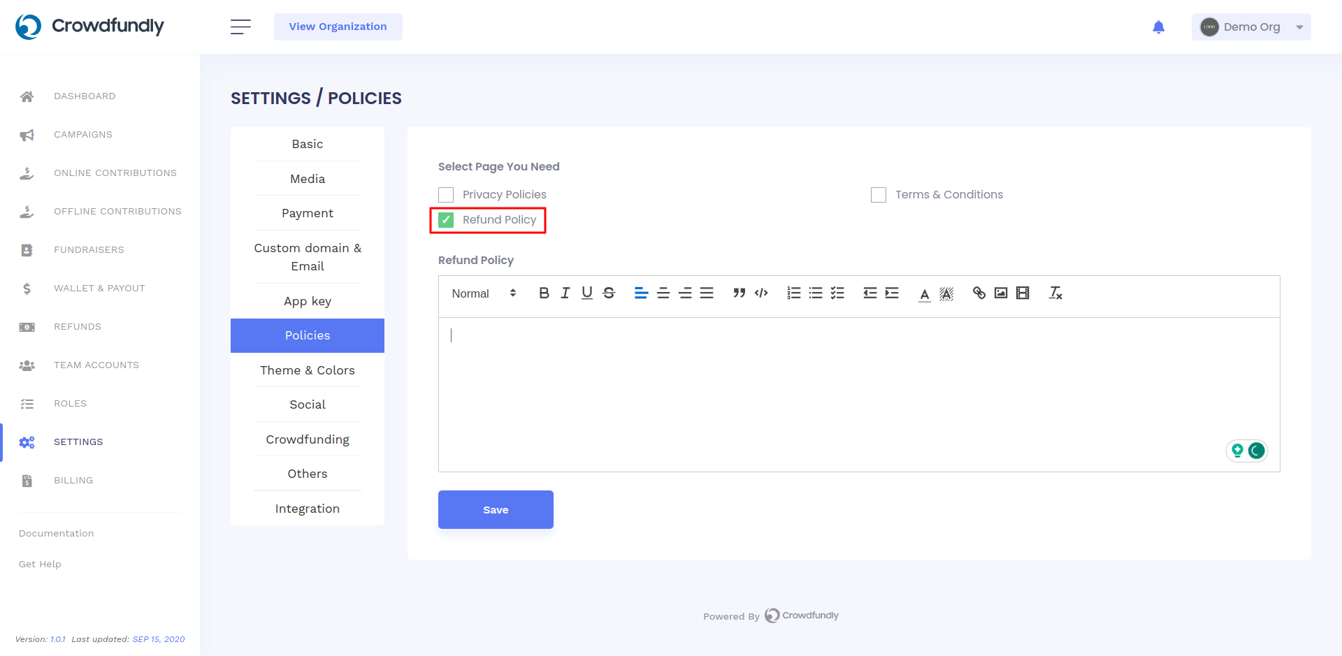 Crowdfundly for Organization - Refund Policy Settings